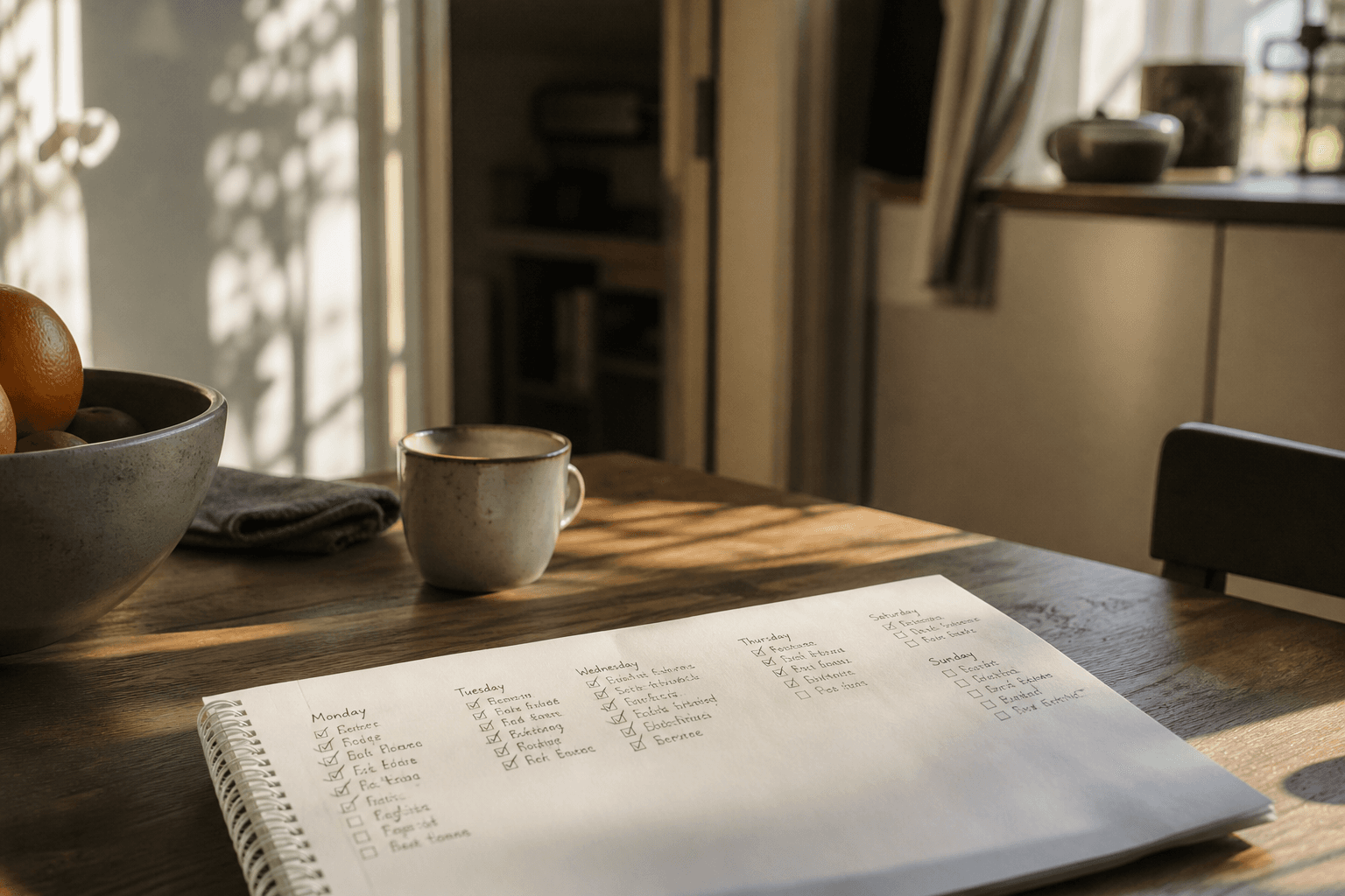 Two women sit on a couch with a small child between them, smiling, an open notebook, a mug and a laptop on the coffee table in late-afternoon daylight.